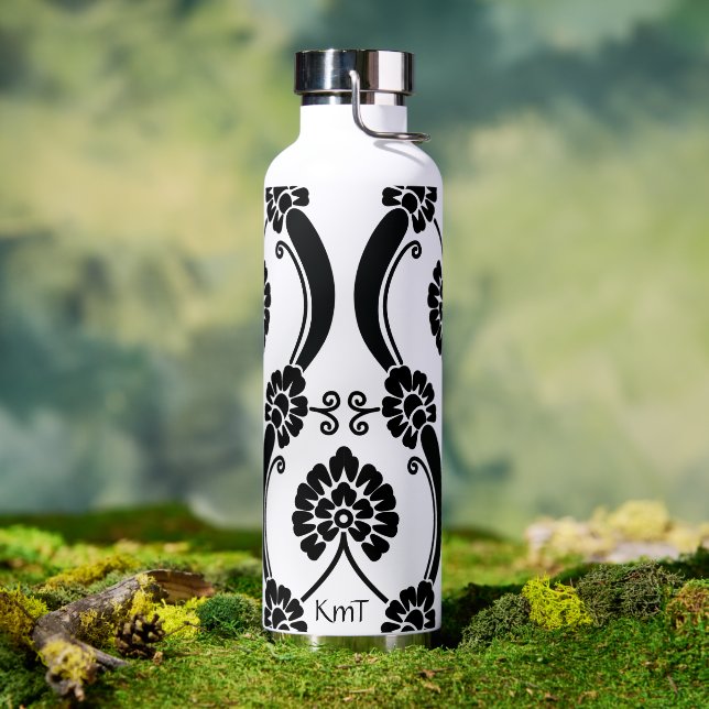 Personalized Black & White Scrollwork Pattern Water Bottle (Outdoor)
