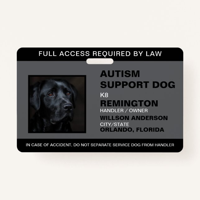 Personalized black White Service Dog Photo ID Badge (Front)
