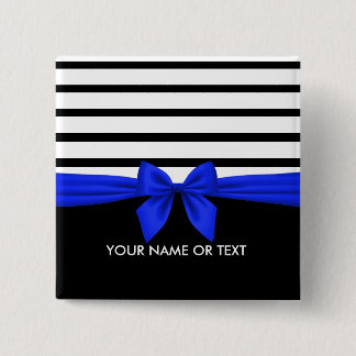 Personalized Black white Stripe Christmas Blue Bow 2 Inch Square Button