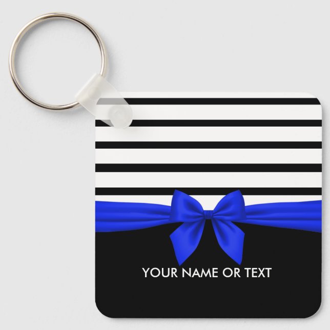 Personalized Black white Stripe Christmas Blue Bow Keychain (Front)