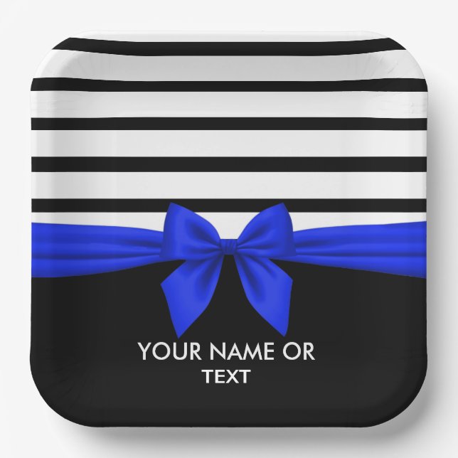Personalized Black white Stripe Christmas Blue Bow Paper Plate (Front)