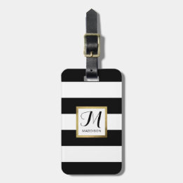 Personalized Black & White Striped Gold Monogram Luggage Tag