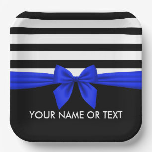 Personalized Black,white Stripes festive Blue Bow  Paper Plate