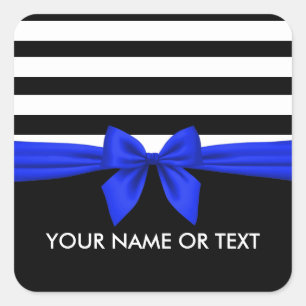 Personalized Black,white Stripes festive Blue Bow Square Sticker