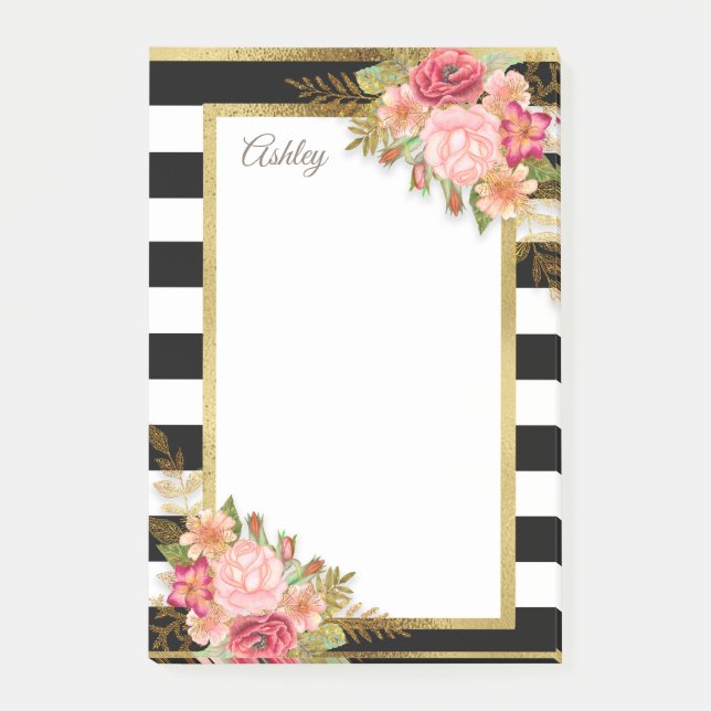 Personalized Black White Stripes Pink Gold Floral Post-it Notes (Front)
