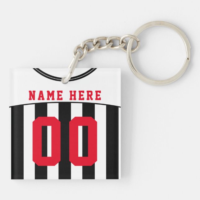 Personalized Black & White Stripes Soccer Jersey Keychain (Back)