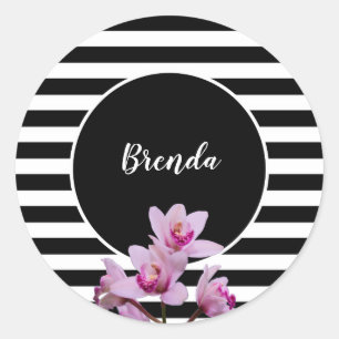 Personalized Black & White Stripes with Orchids Classic Round Sticker