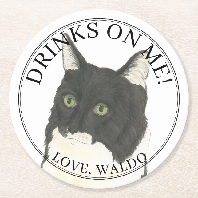 Personalized Black & White Tuxedo Ragamuffin Cat Round Paper Coaster (Front)