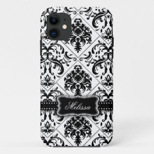 Personalized Black & White Vintage Damask pattern iPhone 11 Case
