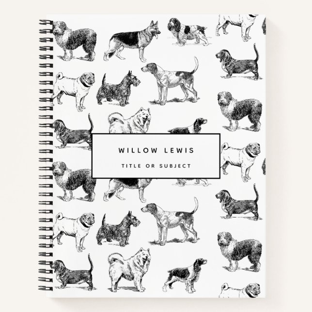 Personalized Black & White Vintage Dogs Pattern Notebook (Front)