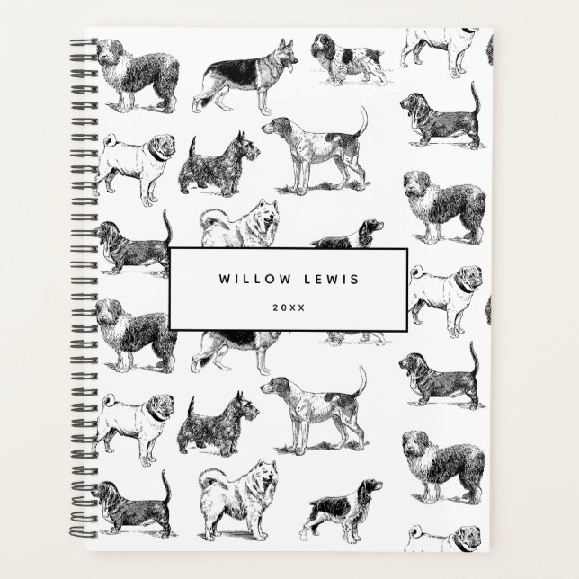 Personalized Black & White Vintage Dogs Pattern Planner (Front)