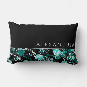 Personalized Black & White with Teal Rose Pattern Lumbar Pillow
