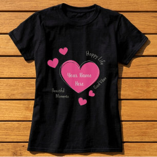 Personalized Black Women’s T-Shirt with Pink Heart