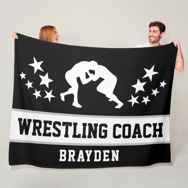 Personalized Black Wrestling Coach Name Fleece Blanket (In Situ)
