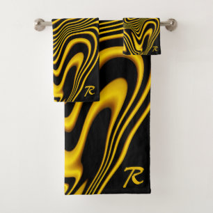 Personalized Black Yellow Gold Swirls Texture Bath Towel Set