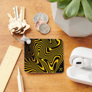 Personalized Black Yellow Gold Swirls Texture Keychain