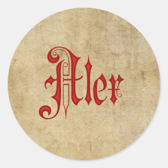 Personalized Blackletter Parchment Alex Red Classic Round Sticker (Front)