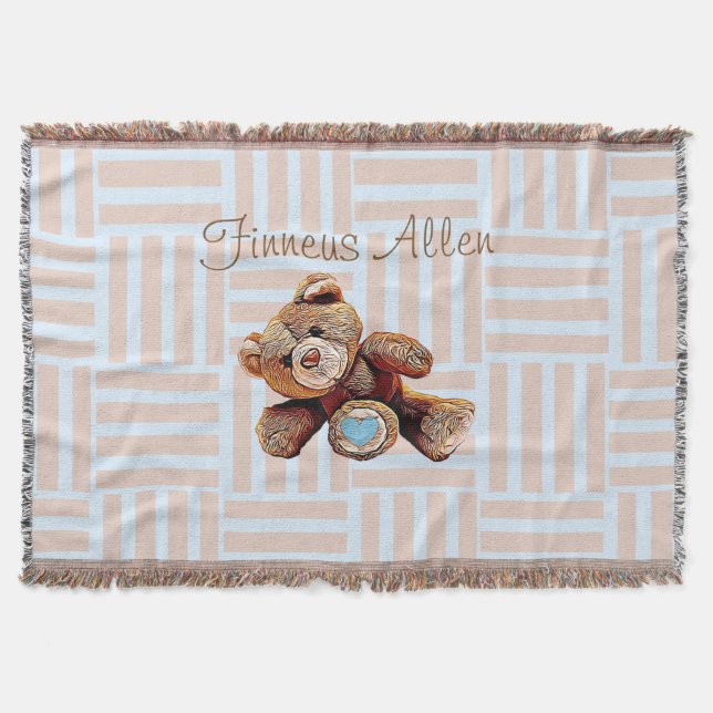 Personalized Blanket, Teddy Bear Blue and Brown Throw Blanket (Front)