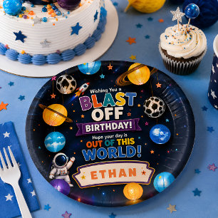 Personalized Blast Off Space Birthday Party Paper Plate