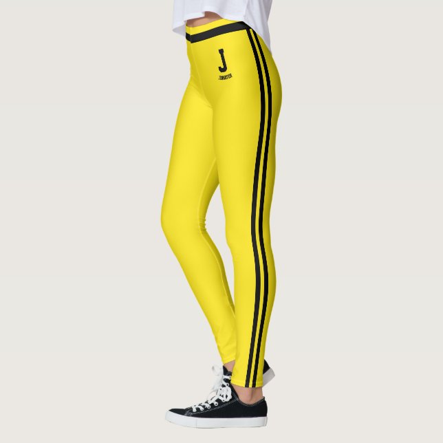 Personalized Blazing Yellow Black Stripes Monogram Leggings (Left)