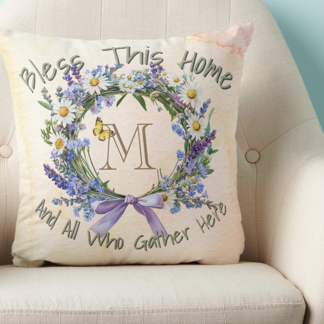 Personalized 'Bless This Home' Wildflower Wreath Throw Pillow (Creator Uploaded)