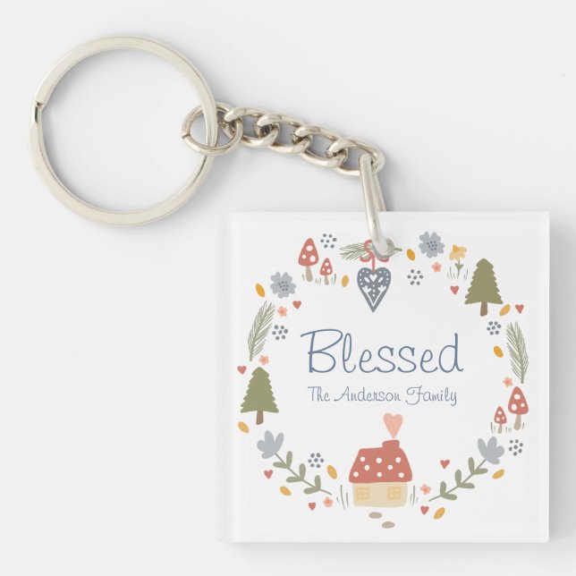 Personalized Blessed Cozy Country Cottage Hygge Keychain (Front)