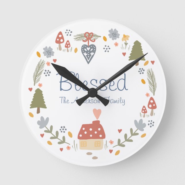 Personalized Blessed Cozy Country Cottage Hygge Round Clock (Front)