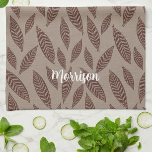 Personalized Block Print Leaves Kitchen Tea Towel