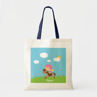 Personalized blonde hair horse rider girl floral tote bag