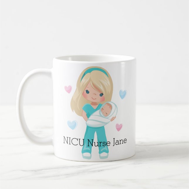 Personalized Blonde Hair NICU Nurse with Baby Coffee Mug (Left)