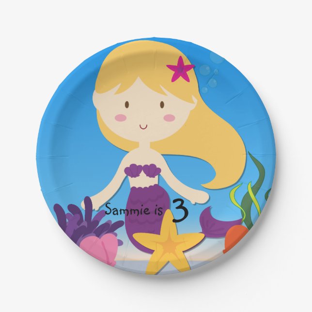Personalized Blonde Mermaid Birthday Paper Plates (Front)