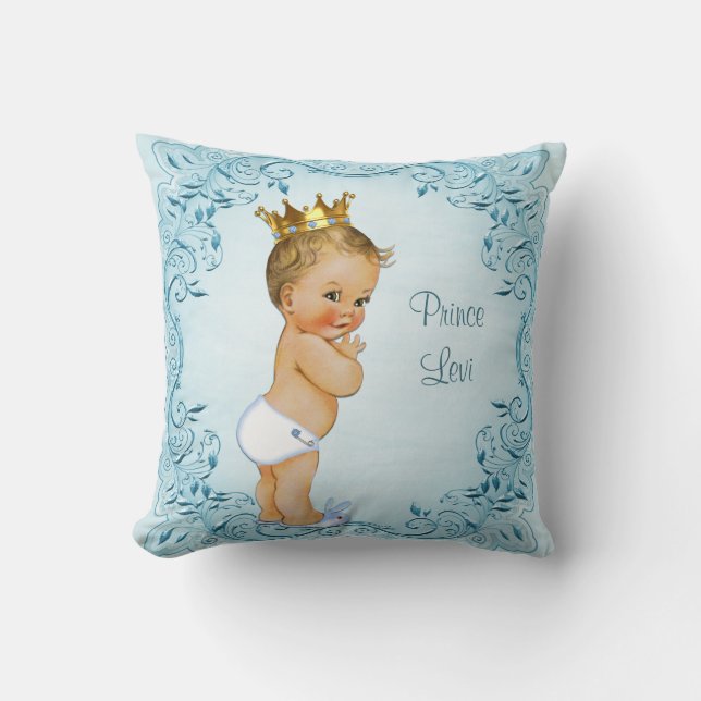 Personalized Blonde Prince Blue Leaves Throw Pillow (Front)