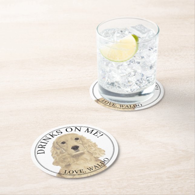 Personalized Blonde Tan Cocker Spaniel Dog Wedding Round Paper Coaster (Insitu)