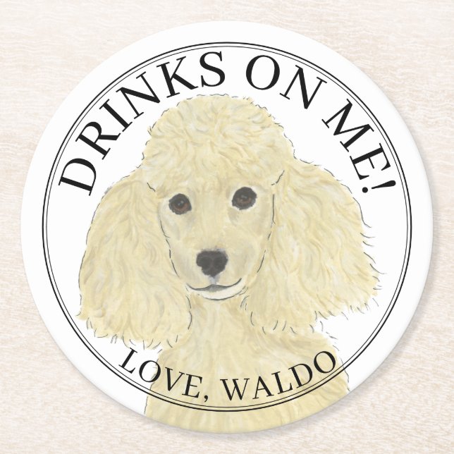 Personalized Blonde Tan Golden Poodle Dog Wedding Round Paper Coaster (Front)