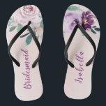 Personalized Blooming botanical purple bridesmaid Flip Flops<br><div class="desc">Watercolor botanical floral and greenery in blush,  peach and purple,  elegant and romantic,   great personalized bridesmaid gifts</div>