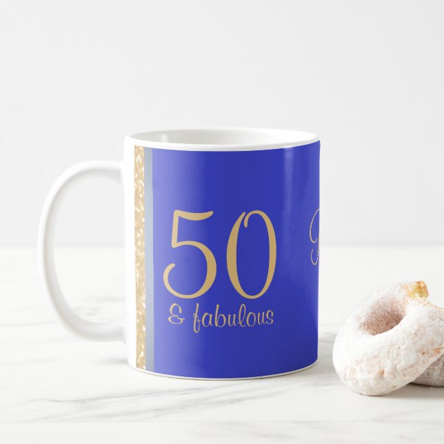 Personalized Blue "50 and Fabulous" 50th Birthday Coffee Mug (With Donut)