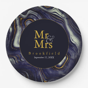Personalized Blue Agate Wedding Mr Mrs Paper Plate
