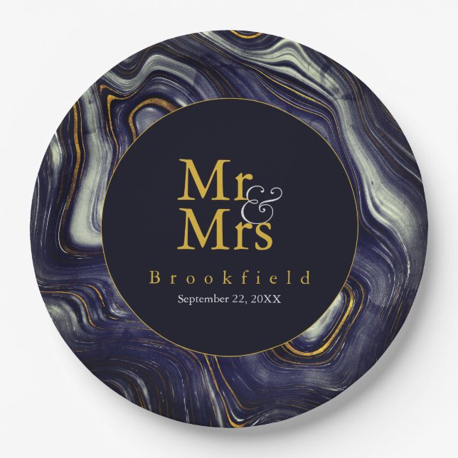 Personalized Blue Agate Wedding Mr Mrs Paper Plate (Front)