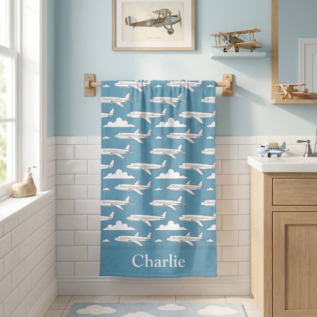 Personalized Blue Airplane Kids Bath Towel (Creator Uploaded)
