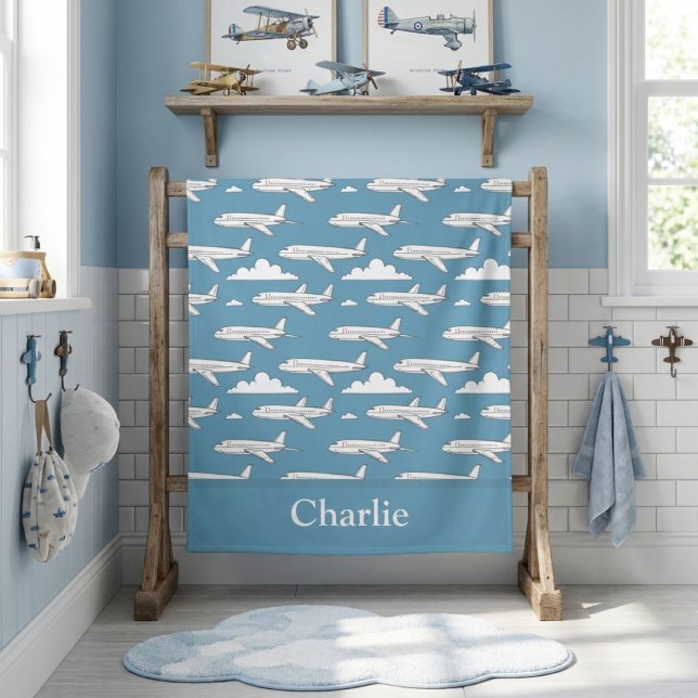 Personalized Blue Airplane Kids Beach Towel (Creator Uploaded)