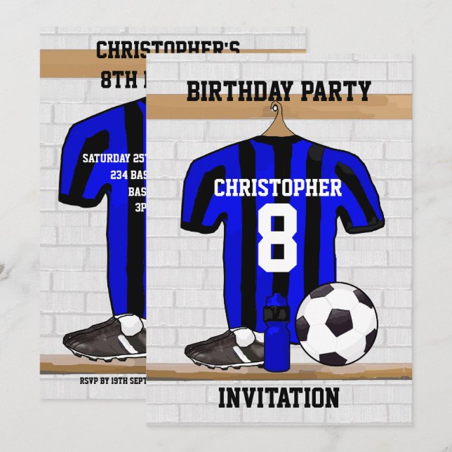 Personalized Blue and Black Football Soccer Jersey Invitation (Front/Back)