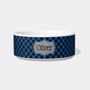 Personalized Blue and Black Plaid Pet Bowl