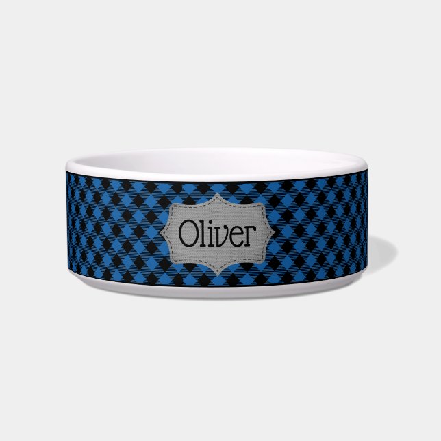 Personalized Blue and Black Plaid Pet Bowl (Front)
