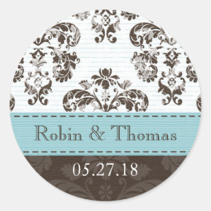 Personalized Blue and Brown Damask Wedding Classic Round Sticker