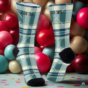Personalized Blue and Cream Tartan Plaid Custom Socks