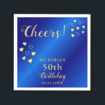 Personalized Blue and Gold Cheers 50th Birthday Napkin<br><div class="desc">Create unique blue and gold paper napkins for birthday party customized with a name,  and date.  Gold on this design is a golden yellow gradient that imitates the golden surface (it's not a foil).</div>