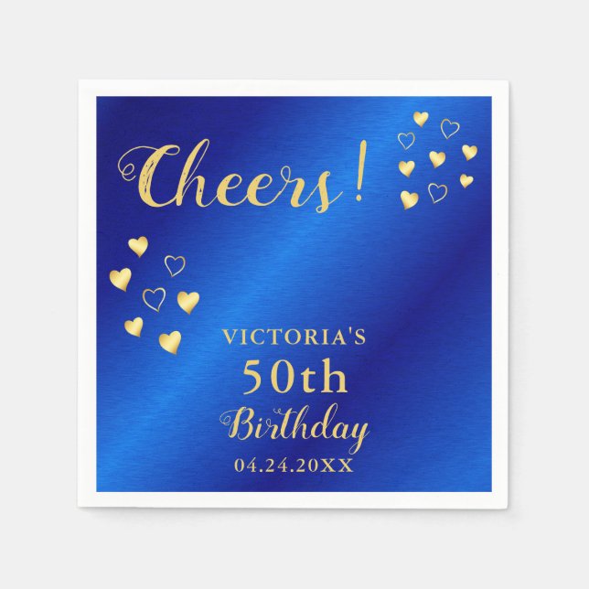 Personalized Blue and Gold Cheers 50th Birthday Napkin (Front)