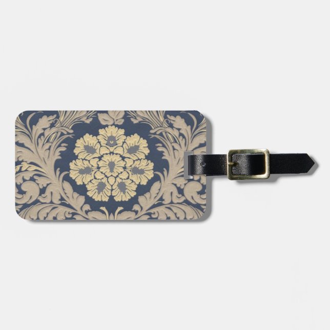 Personalized Blue and Gold Damask Luggage Tag (Front Horizontal)