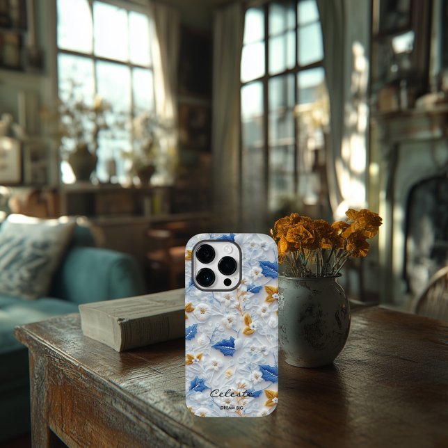 Personalized Blue and Gold Embroidered Floral Case-Mate iPhone Case (Creator Uploaded)
