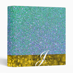Personalized Blue and Gold Faux Confetti Glitter 3 Binder